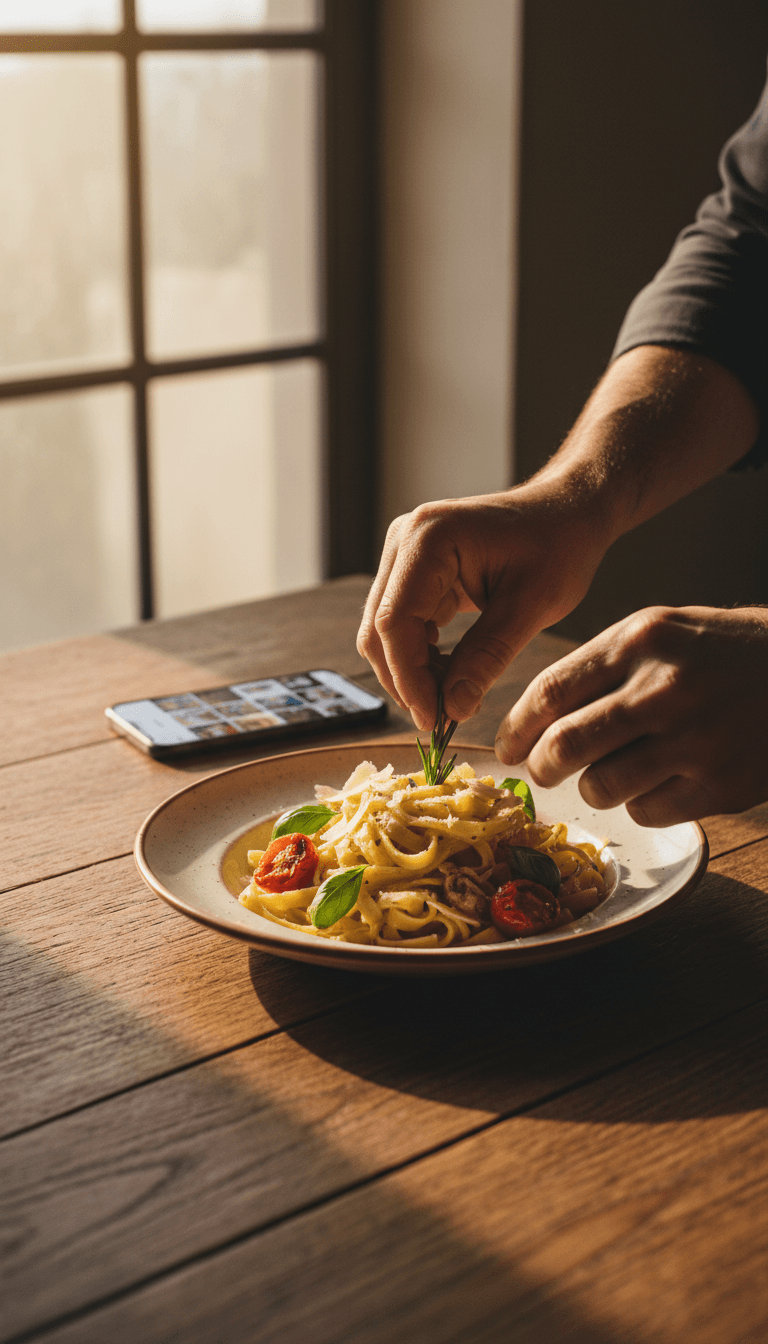 Restaurant owner plating a dish with smartphone showing social media in background