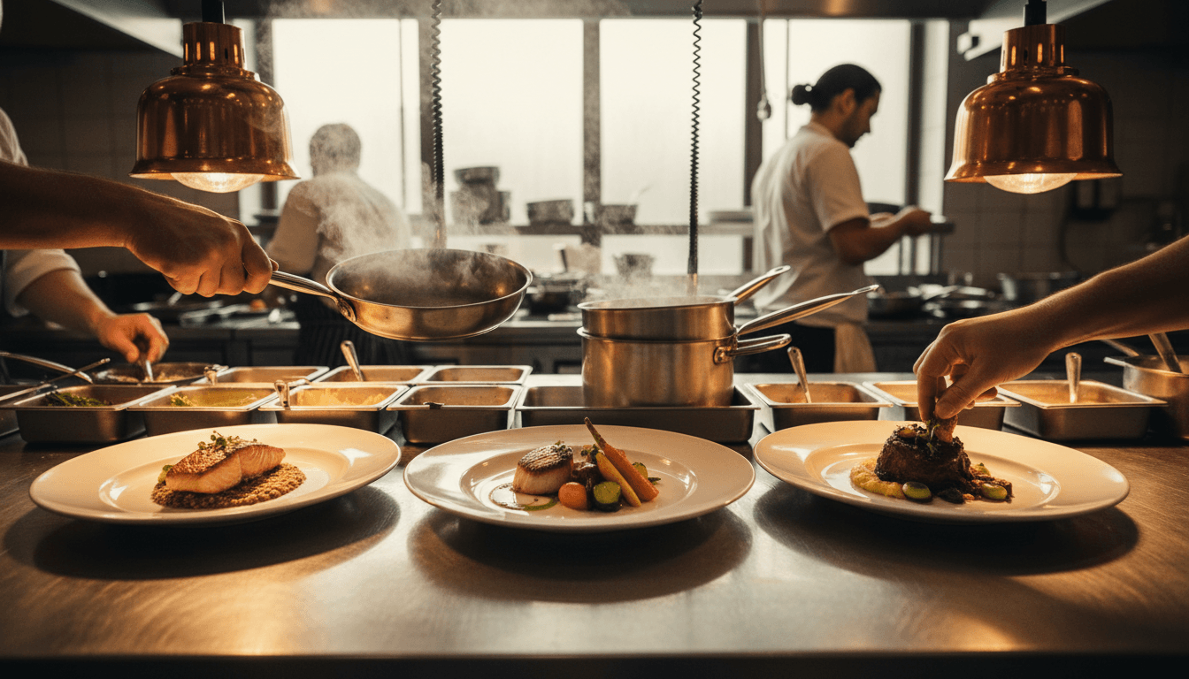 Restaurant kitchen plating station with chefs preparing dishes during service