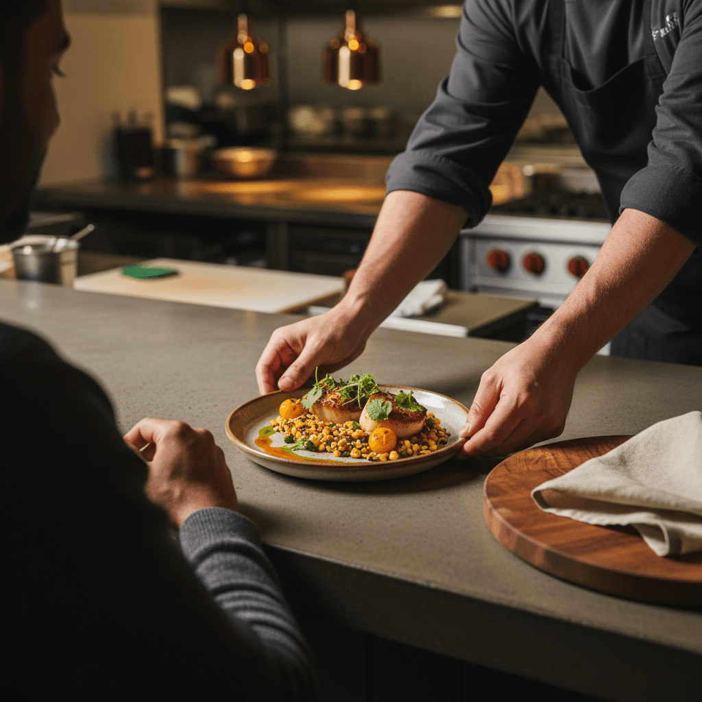 Chef carefully plating a finished dish in a restaurant kitchen with warm lighting