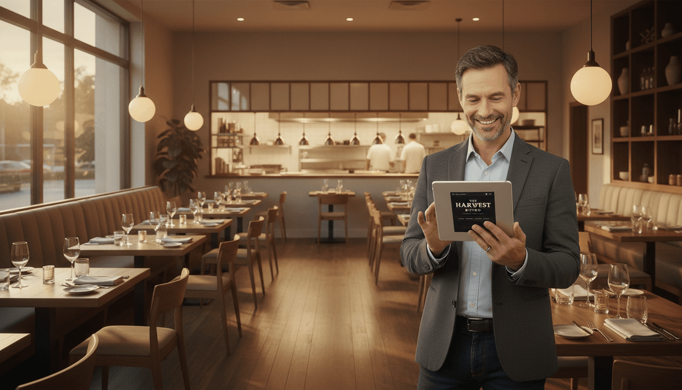 Restaurant owner reviewing social media strategy on tablet in kitchen